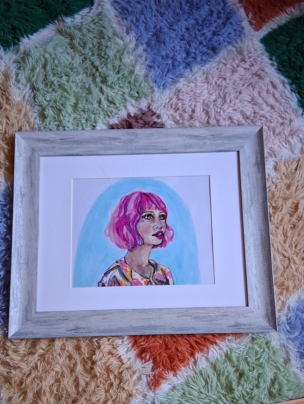 Framed Pink-Haired Girl  Portrait, Alchol Markers